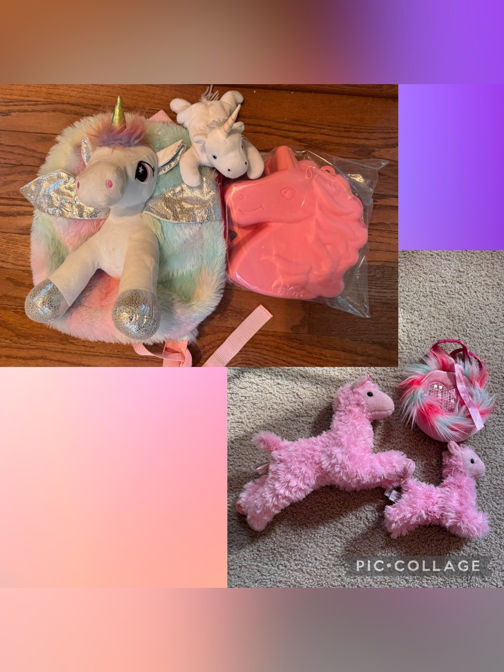 Unicorn bundle (cake mold, backpack, 3 stuffies)